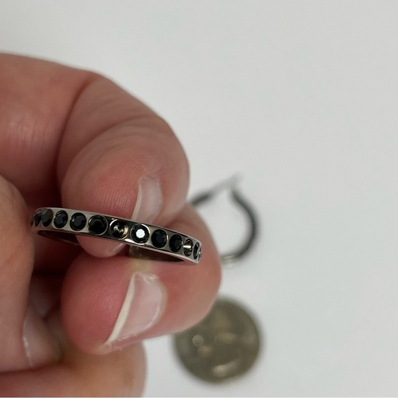 Black Rhinestone-Studded Hoop Earrings with Dark Metal - Picture 5 of 5